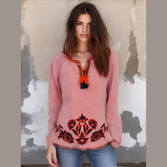 Anthropologie Solitaire Red White Striped Embroidered Long Sleeve Boho Top S - Picture 1 of 11